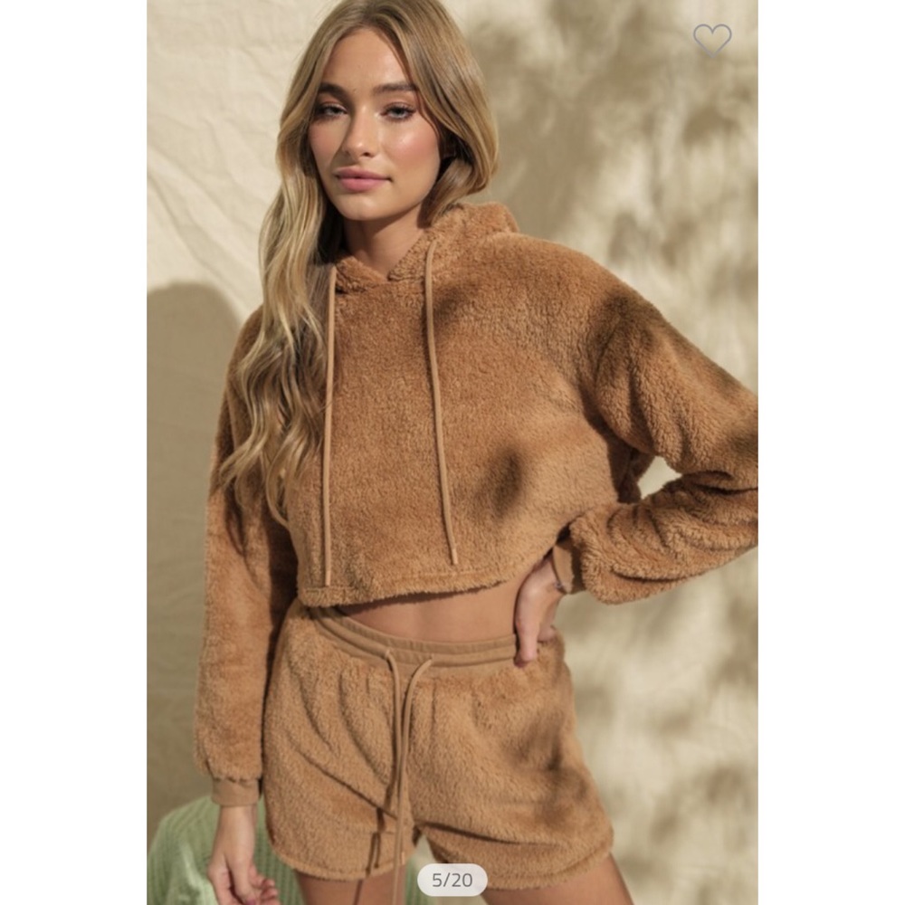 NWT Plush Teddy Hoodie Short Lounge Set - Camel